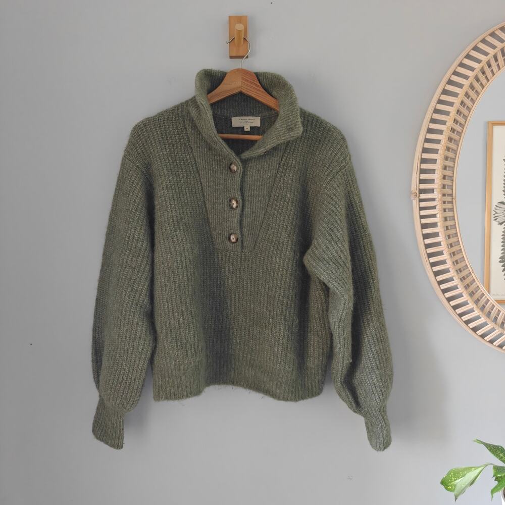 Sezane Micky Jumper Khaki Green Baby Alpaca Button Mock Neck M